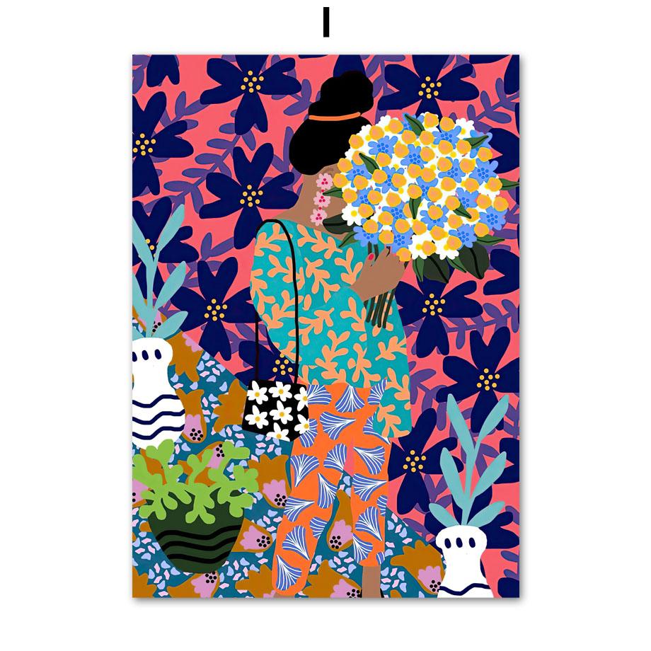 Böhmischen Stil Abstrakte Mädchen Blume Pflanze Nordic Vintage Poster Wand Kunst Drucke Leinwand Malerei Dekor Bilder Für Wohnzimmer