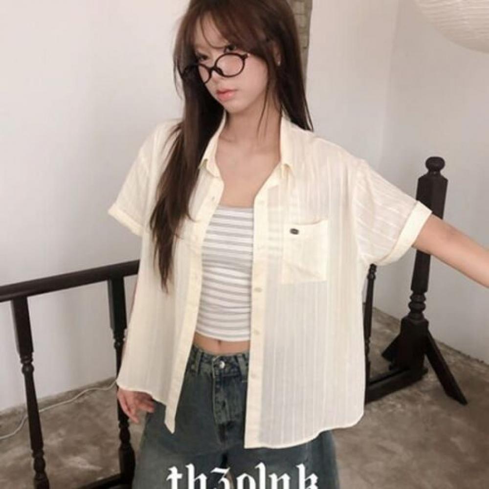 The Pink Oversized Punching Stripe Pocket Pendant Short Sleeve Shirt
