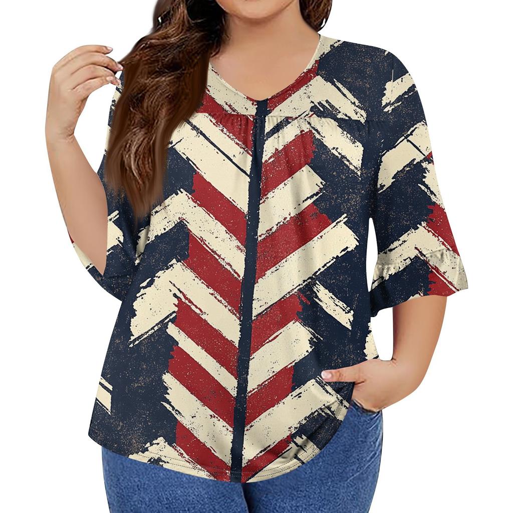 Women's Fashion Casual Retro Printed V-Neck Seven-Point Sleeve Ruffle Sleeve T-Shirt Tops Plus Size Women's
