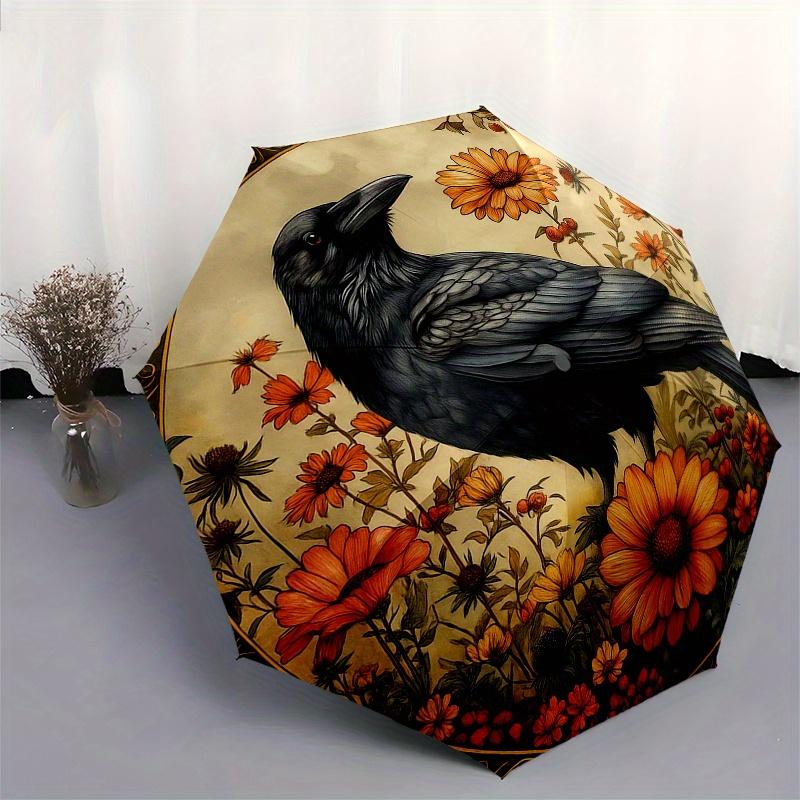 Raven & Flowers: A Whimsical Circular Art PrintUmbrella, Portable 3-Fold Compact Umbrella for Men & Women Gift