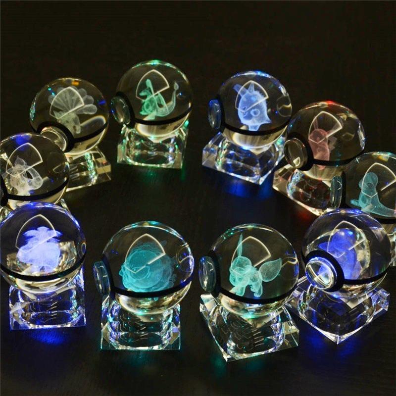 5cm  3D Crystal Ball Pikachu Eevee Mewtwo Carving Model LED Color Light Base Children's Gift Fans Toy Birthday Gift