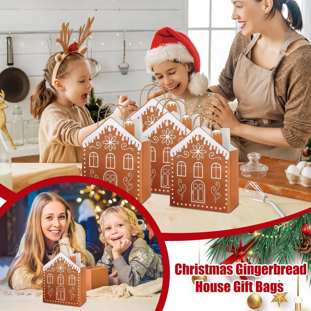 5Pcs Christmas Gingerbread House Gift Bags With Handles House Gingerbread Shaped Candy Paper Bags Winter Snow Wrapping Paper For Christmas