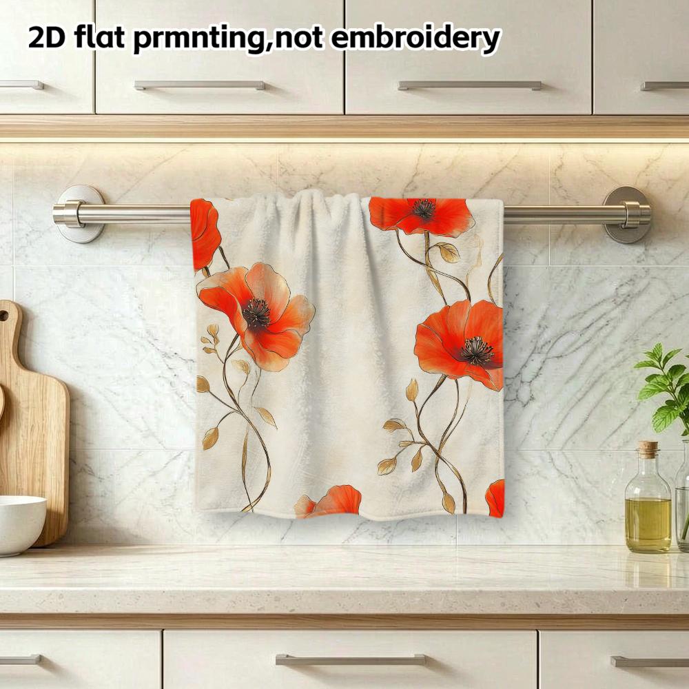Beige Red Poppy Gold Line Bath Towel, Soft Absorbent Quick Dry Elegant Floral Bathroom Shower Towel