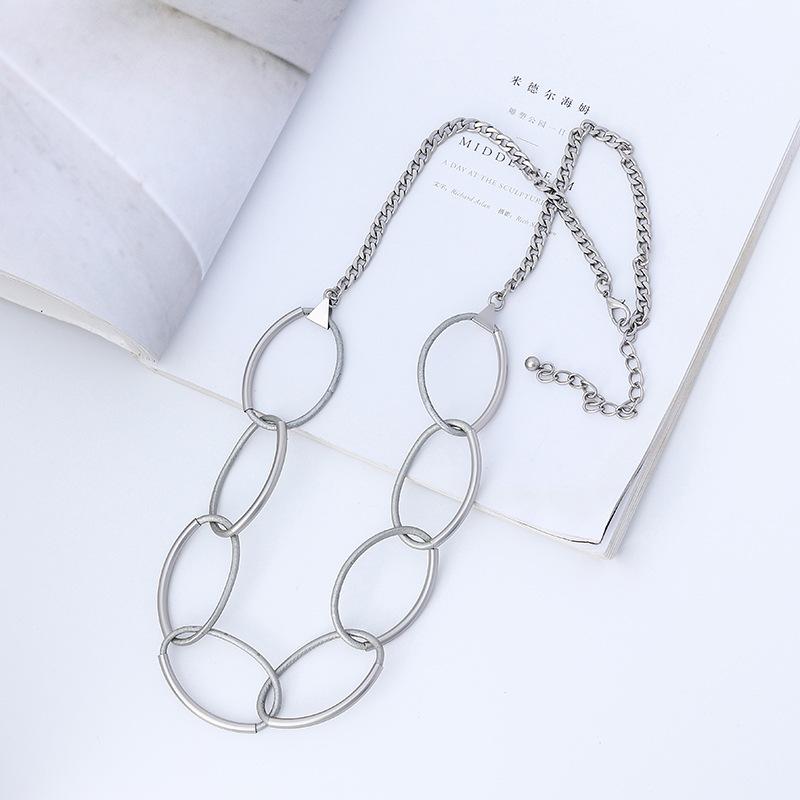 Wind Geometry Necklace Women S Metal Chain Leather Rope Long Sweater Chain