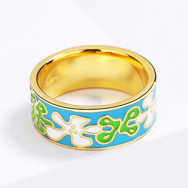 Novo Conjunto de Joias Esmaltadas Flor Étnica Elegante Retrô Anel Flores de Jardim Brincos