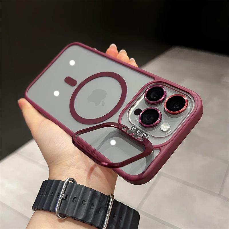 Magnetic Metal Ring Lens Stand Protector Case For iPhone 15 12 13 14 11 Pro Max Plus Magsafe with Color Glass Lens Clear Cover