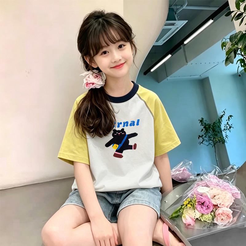 Korean Style Patchwork Cotton Short Sleeve T-Shirt for Girls - Summer New Arrivals