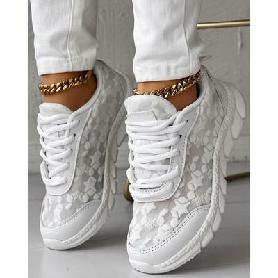 Tênis Feminino Estampa de Estrela Cadarço Respirável Casual Diário Bico Redondo Branco Sapatos Esportivos Moda Primavera Para Sair Sapatos de Corrida