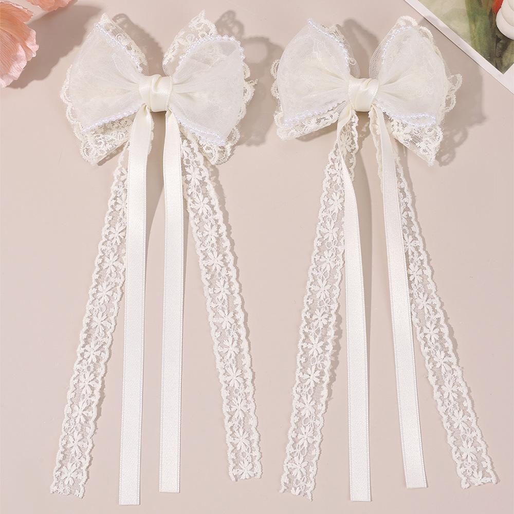 2 Stück Beige Spitze Schleife Haarspangen Mit Langem Band Elegante Perlenbesetzte Chiffon Schleife Barette Für Mädchen Frauen Haarschmuck