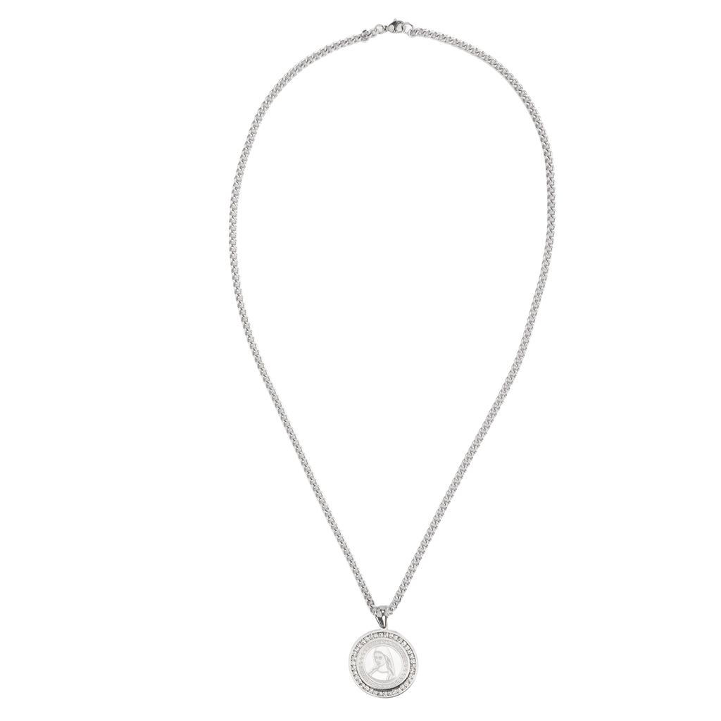 Round Engraved Pendant Necklace Men Women Fashionable Stainless Steel Rhinestone Pendant Necklace Steel Color