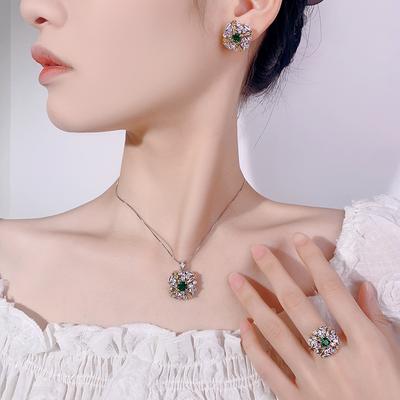 Jewelry Set Necklace Earrings Ring Color Treasure Emerald Jewelry Women'S Vintage