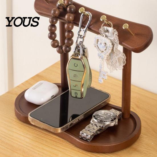 Moisture-proof Key Box Wooden Rack, with Concave Tray Prevents Rolling Design, Moisture-Proof Holder Wax Oil Finish Organizer, for Entryway