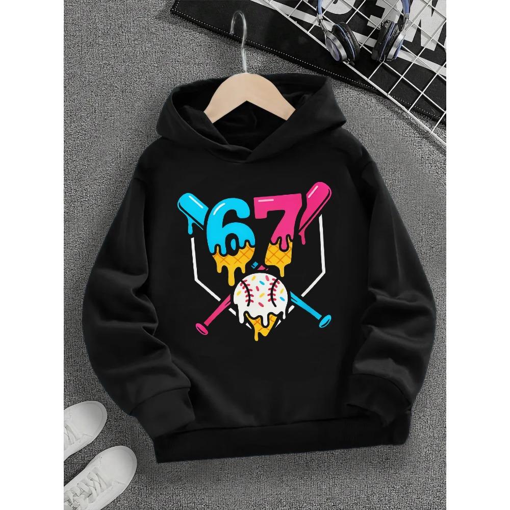 

Spring And Autumn Single Casual Fashion Christmas #67 Boys Black Hoodie, Six Seven Cartoon Print Pattern,Suitable For Daily Wear 140