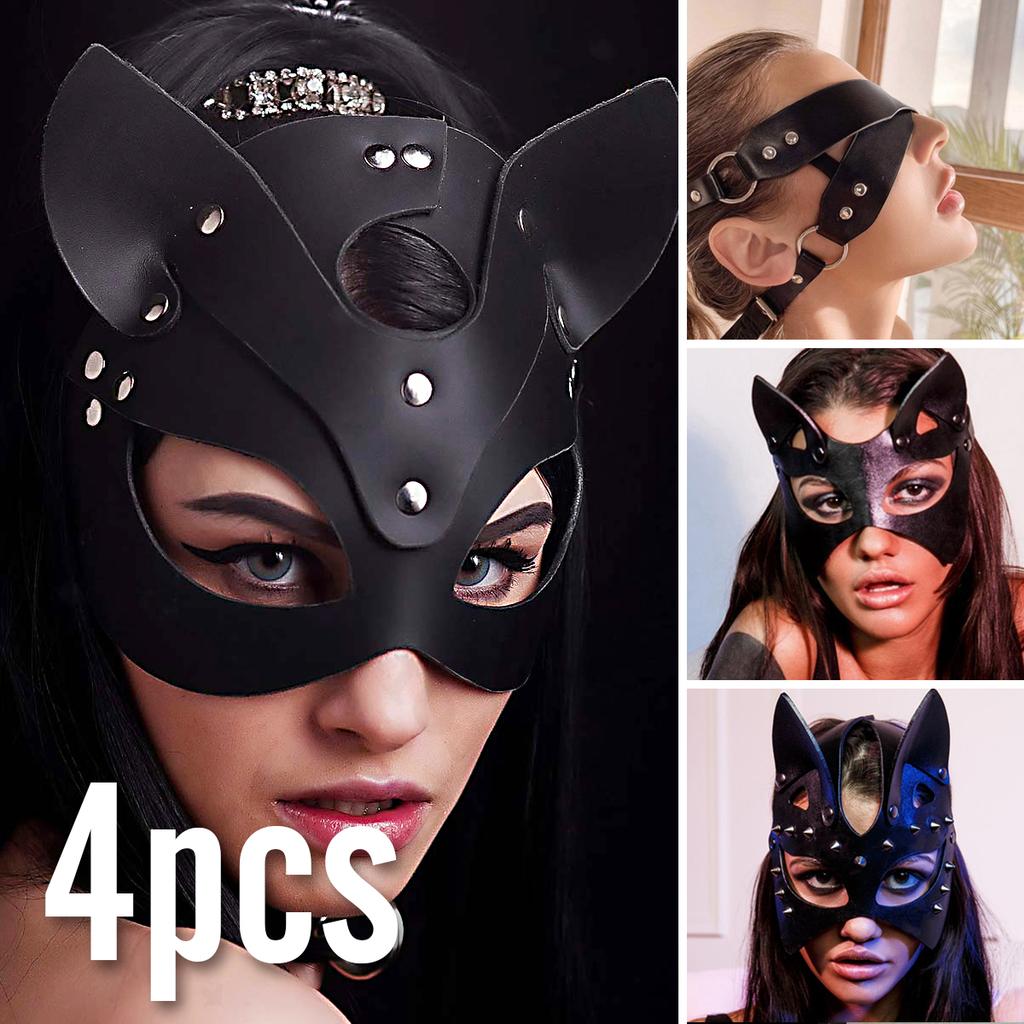 Masque de Chat en Cuir 4 Pièces Accessoire de Costume d'Halloween Fête Cosplay pour Femmes