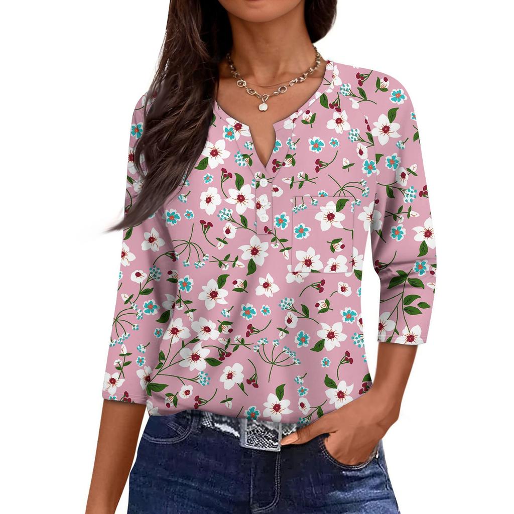 Damska Codzienna Modna Dekolt V Luźna Wszechstronna Kwiatowy Wzór Rękawy Trzyczwarte