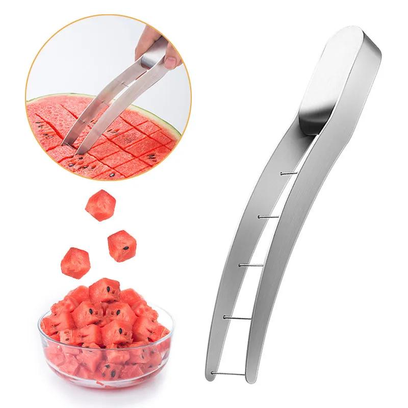 Stainless Steel Watermelon Slicer Cutter Fruit Vegetable Tongs Corer Portable Melon Cubes Slicer Cutter Kitchen Slicing Tool