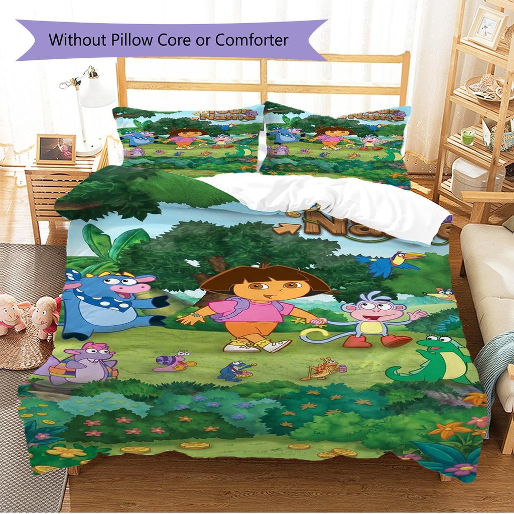 Name Custom Explorer Dora Pattern Bedding Set Quilt Cover Pillowcase Home Decor Gift (1 * Duvet Cover + 2 * Pillowcase, Without Core)