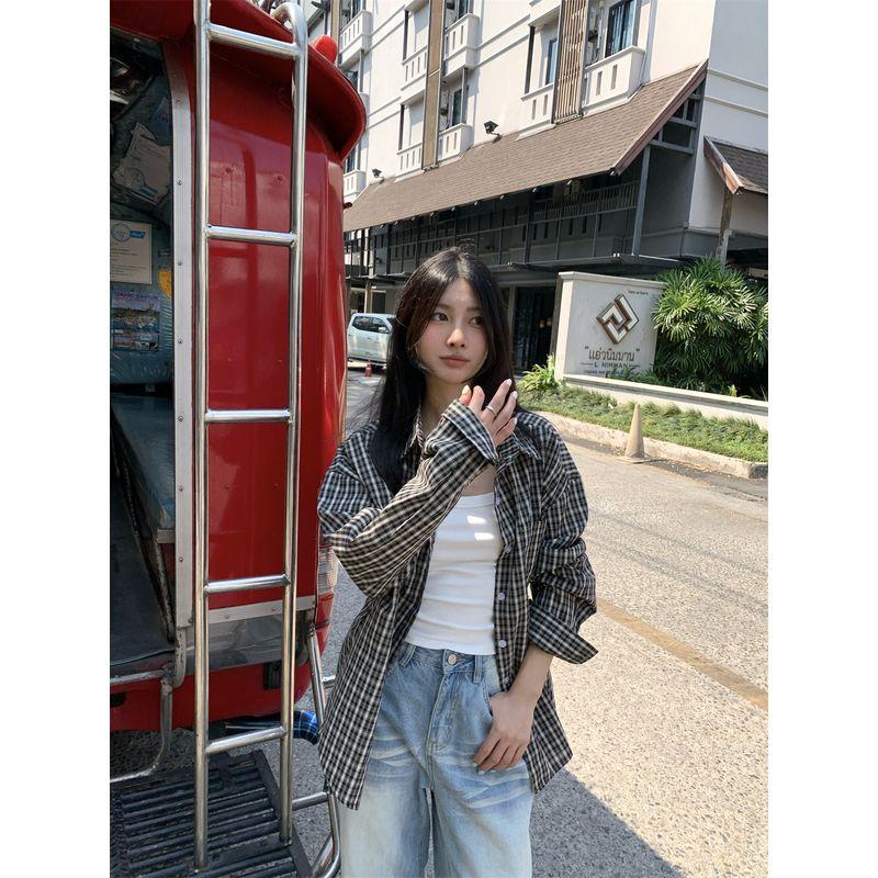 Kumikumi Idle Style Plaid Lapel Long Sleeve Shirts Women Clothes Autumn Casual Loose Mid-Length Shirt Outerwear