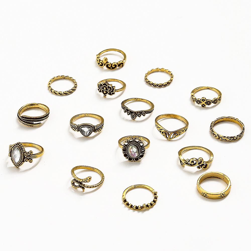Europe and The United States New Ring Retro Exaggerated Hollow Carved Snake-shaped Feather Gem 16-piece Combination Ring Foreign Trade