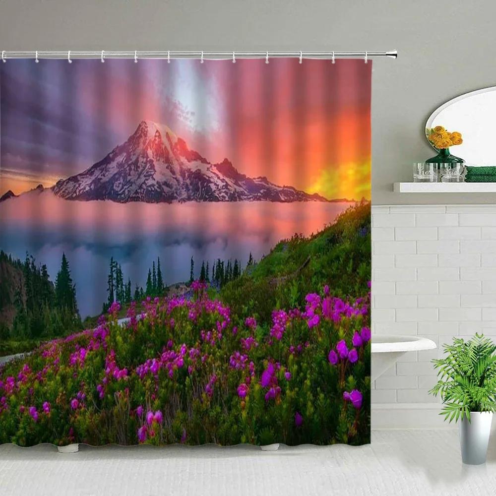 

Горная шторка для душа, Бирюзовая шторка для душа для ванной, Крутые акварельные шторки для душа с туманным лесом и пейзажем заката солнца W90xH180cm