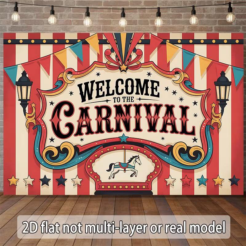 2D Welcome To the Carnival Backdrop, Vintage Red White Striped Circus Background for Party