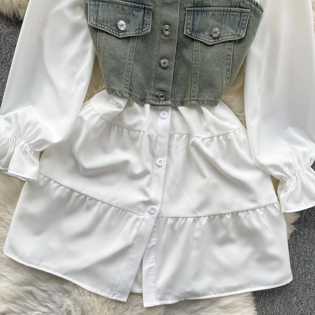 Koreansk Seriekläder Återupplivande Tvådelat Set Topp Retro Kort Jeansväst Trendigt Allmatchande Mellanlångt Skjortset