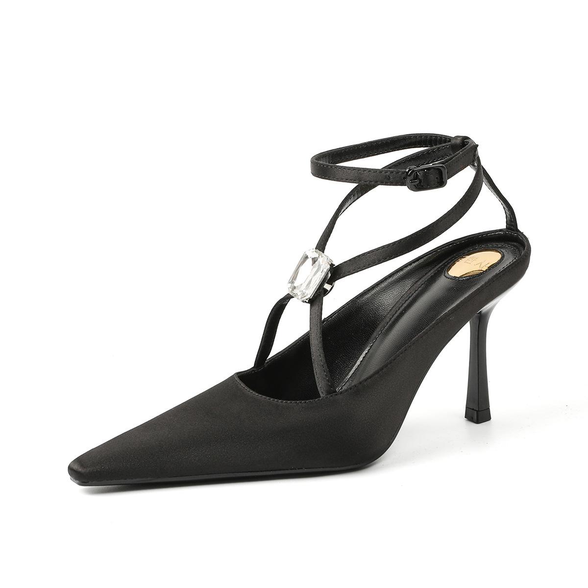 

Customized pointed straps women s high heels fashion temperament soft, diamond buckle thin heel bag head sandals women s summer comfort 34