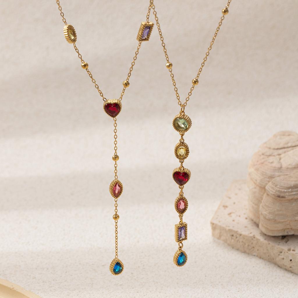 Women's Pendant Necklace Stainless Steel Colorful Zircon Waterproof Non-fading Chains Charms Necklace for Gift