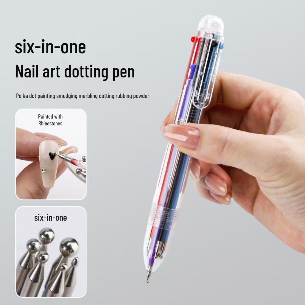 6-in-1 Nail Art Dotting Pen: Double-Ended Liner, Rhinestone Picker & Transparent Holder Rell