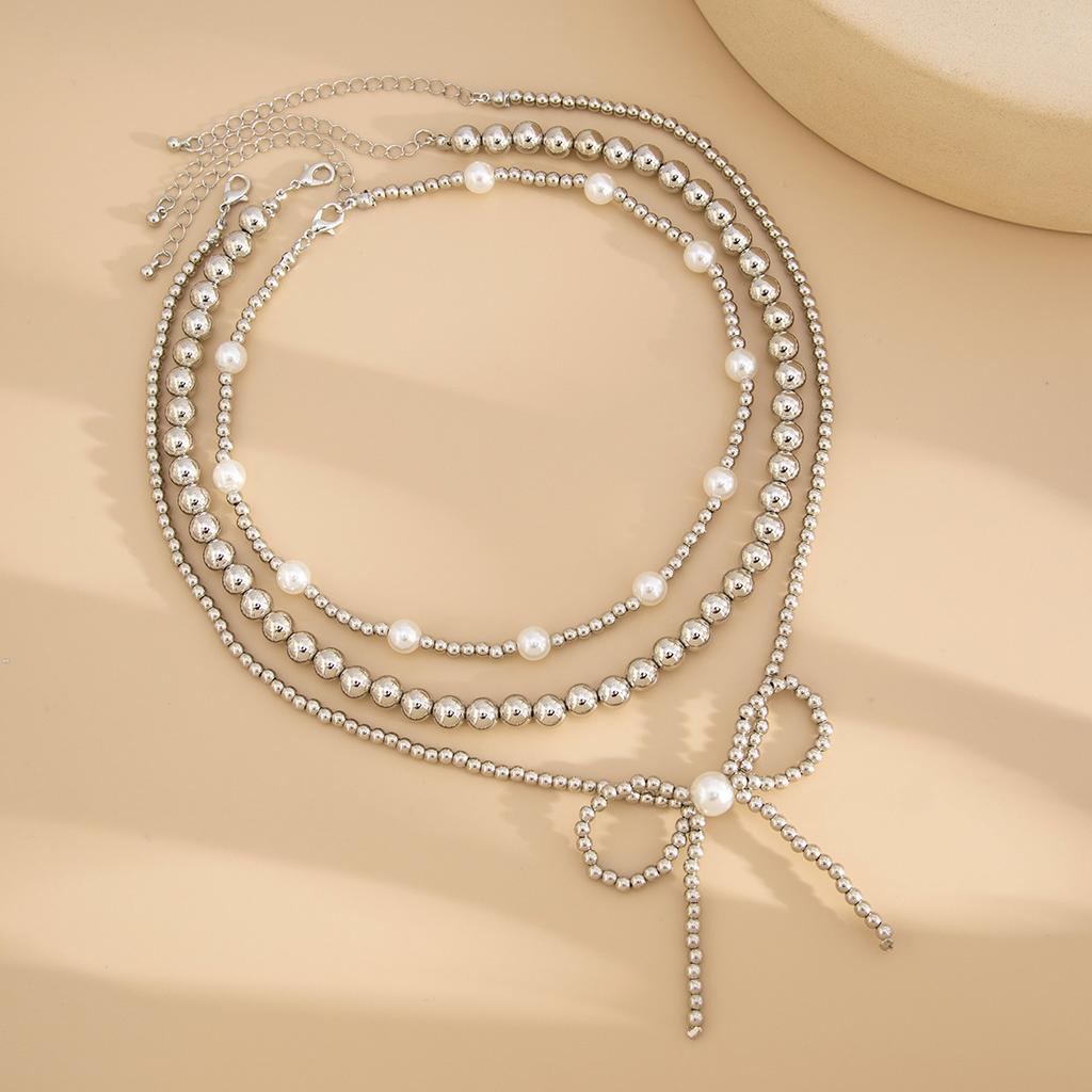 Bohemian Bow Pendant Necklace Vintage Faux Pearl Beaded Collarbone Chain