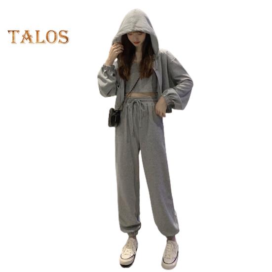 

3 шт./комплект женский осенний спортивный костюм без рукавов жилет с капюшоном длинный рукав застегивающийся на молнию пальто эластичный пояс брюки с резинкой на щиколотке повседневная спортивная одежда M серый