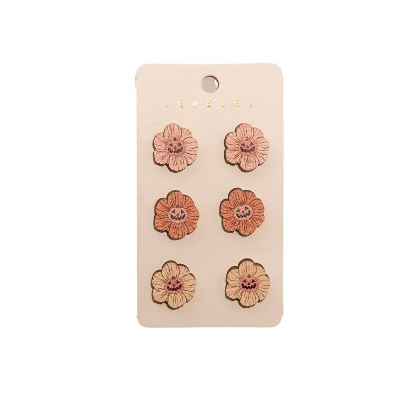 Halloween Cartoon Funny Ghost Pumpkin Kid Wooden Decorative Stud Earrings Combination Set