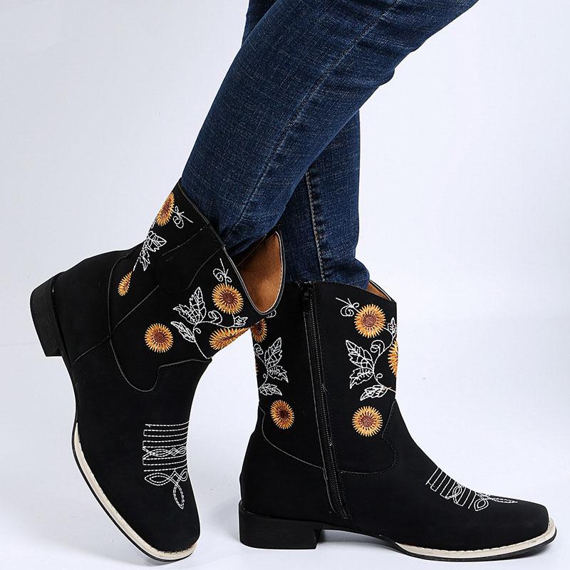 Plus Size Women's Mid Calf Boots 2026 Autumn European and American Style V Embroidery Sunflower Design Fashion Boots for Woman