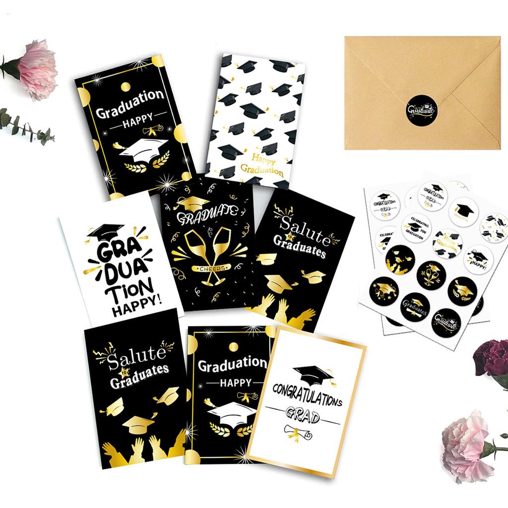 6 PCS Graduation Season Message Card,Graduation Cards Assortment, Black And Gold, Congratulations Grad With Envelope