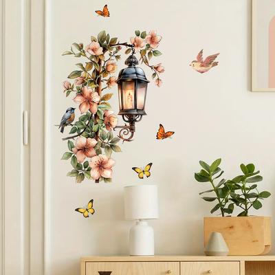 Colorful Flower Pendant Lamp Bird Wall Sticker For Bedroom Living Room Entrance Home Background Decoration Self-adhesive 29*22CM