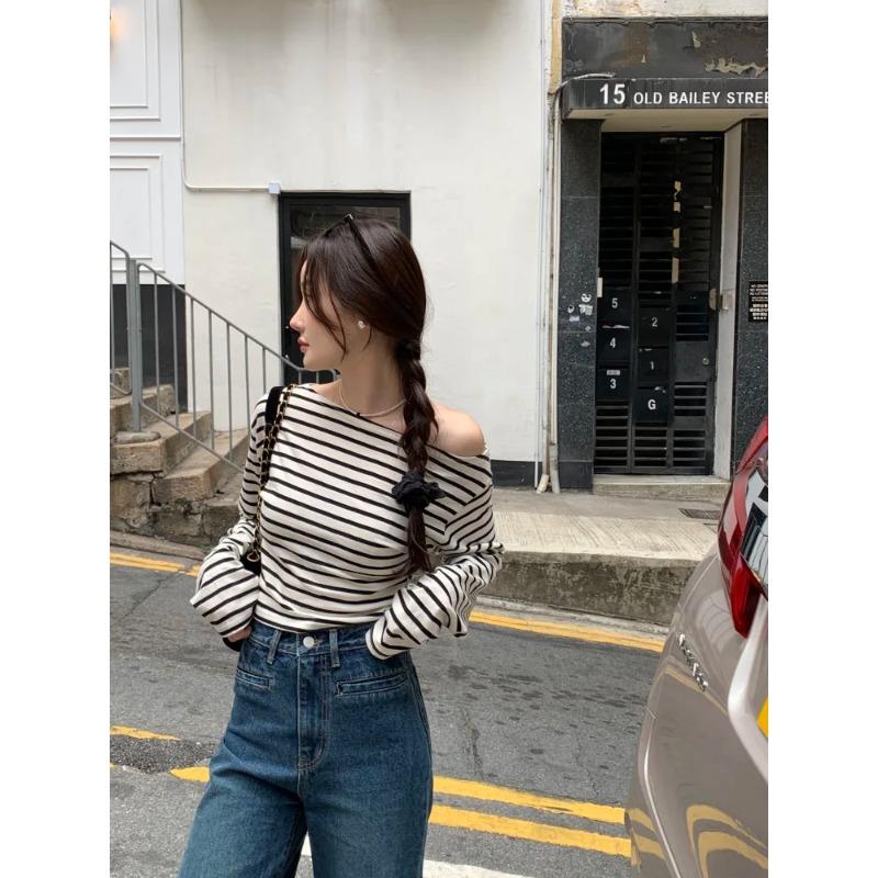 Women's South Korean Chic Stripe Fit Off-the-Shoulder Long Sleeves Shirt Slim Slimming Inner Wear Bottoming Shirt Retro Lady