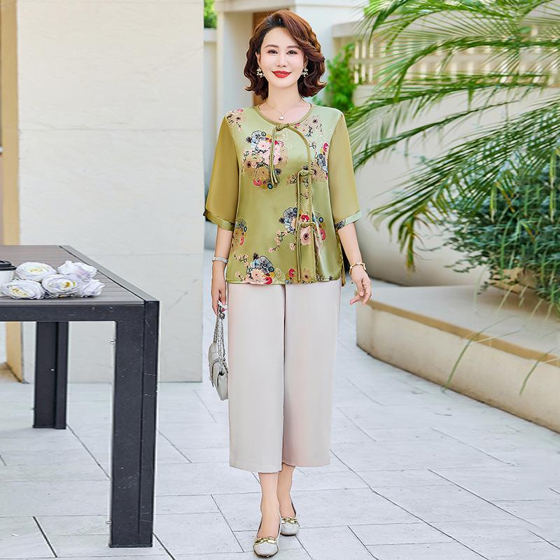 Elegant Chinese-Style Summer Two-Piece Outfit for Moms