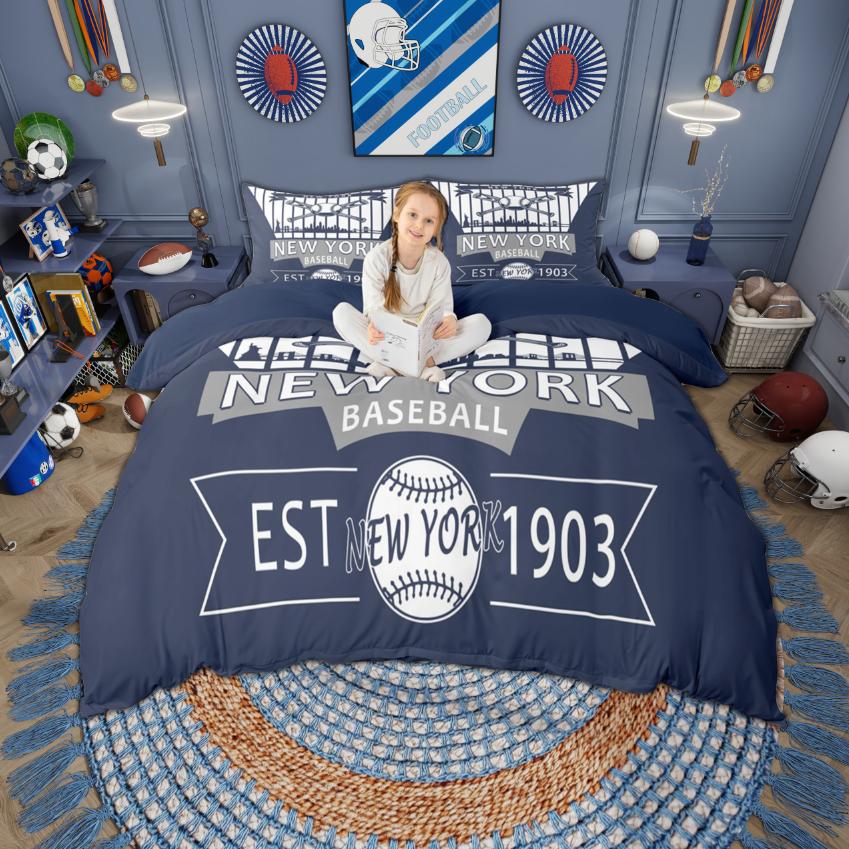 Homewish Kids Baseball Duvet Cover Set Sports Theme Bedding Set Cityscape Print Bed Set Room Decor