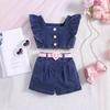 Girls' Fashion Set, Summer Children's Casual Square Neck Lantern Sleeve Top, Patterned Pleated Skirt Set