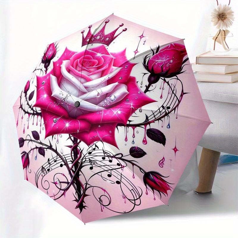 1pc Glamorous Pink Rose with Crown Umbrella with Plastic Handle,Suitable for All Seasons Home Travel Outdoor UmbrellaB1828