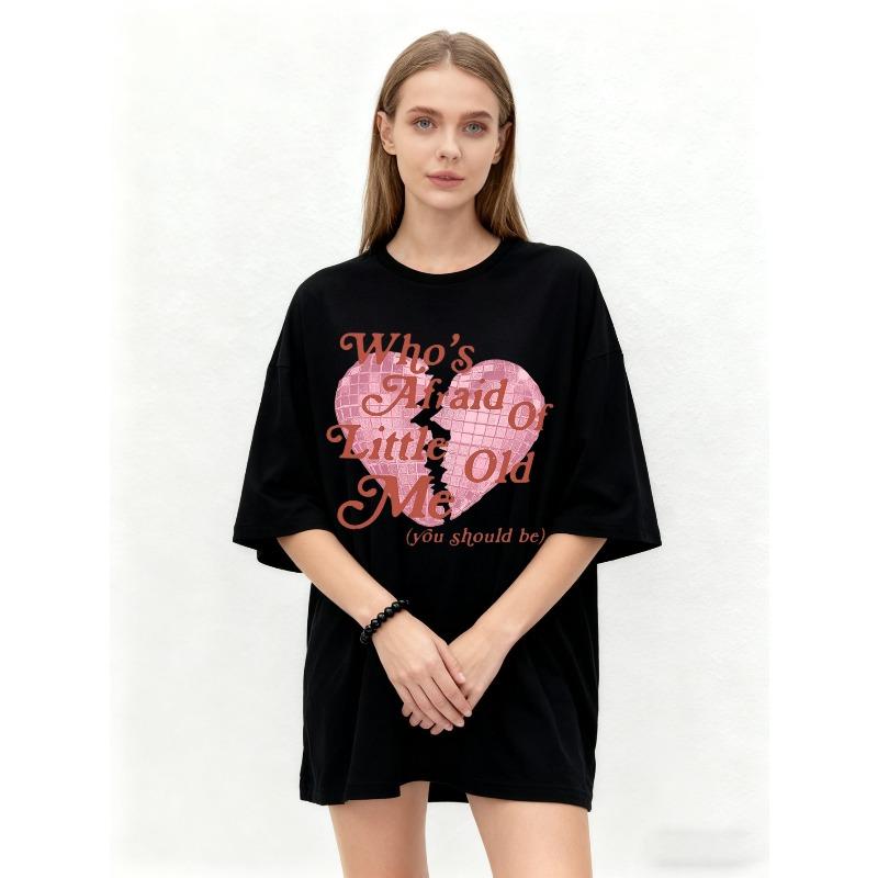 Oversized T Shirt Black Who's Afraid Of Little Old Me Pink Heart Graphic Print Casual Streetwear Fashion Top For Women Daily Wear Party Outfit