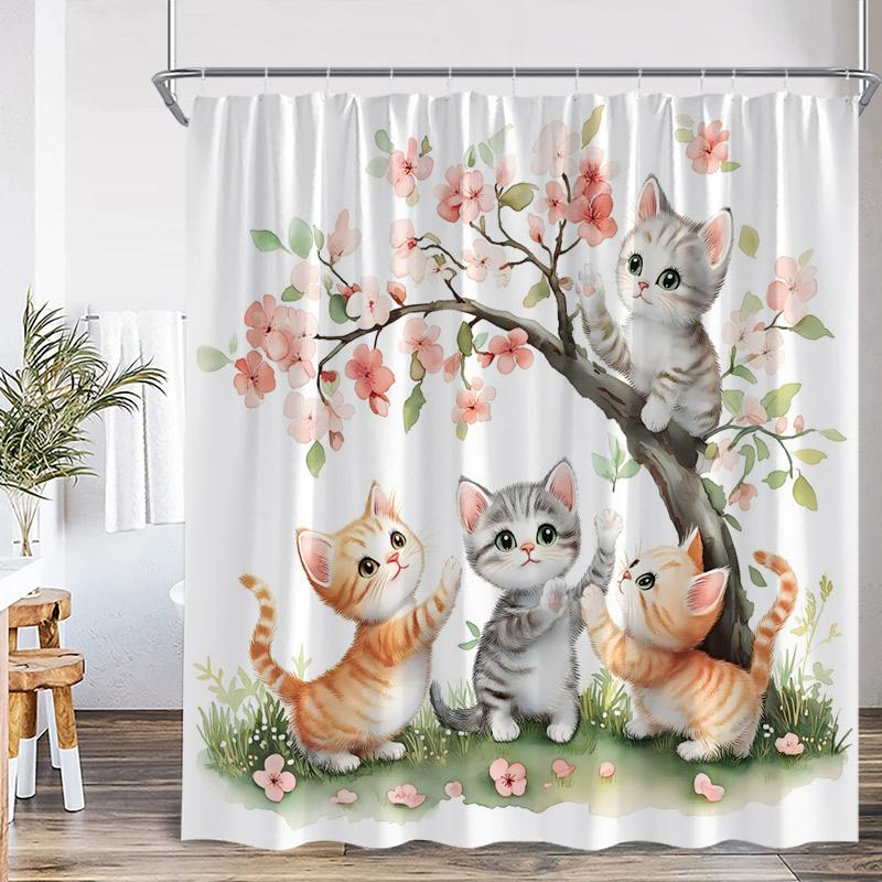 Cute Cat Shower Curtain Pink Cherry Floral Tree Asian Oriental Watercolor Flower Funny Animal Green Grass Bathroom Curtain Decor