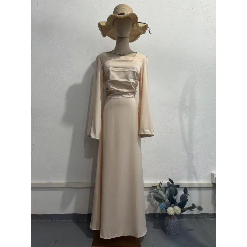 

Fashion Wind New Arrival Silm Diamond Tied Long Sleeves Satin Silm Dress Lace up Satin Dress Light pink S