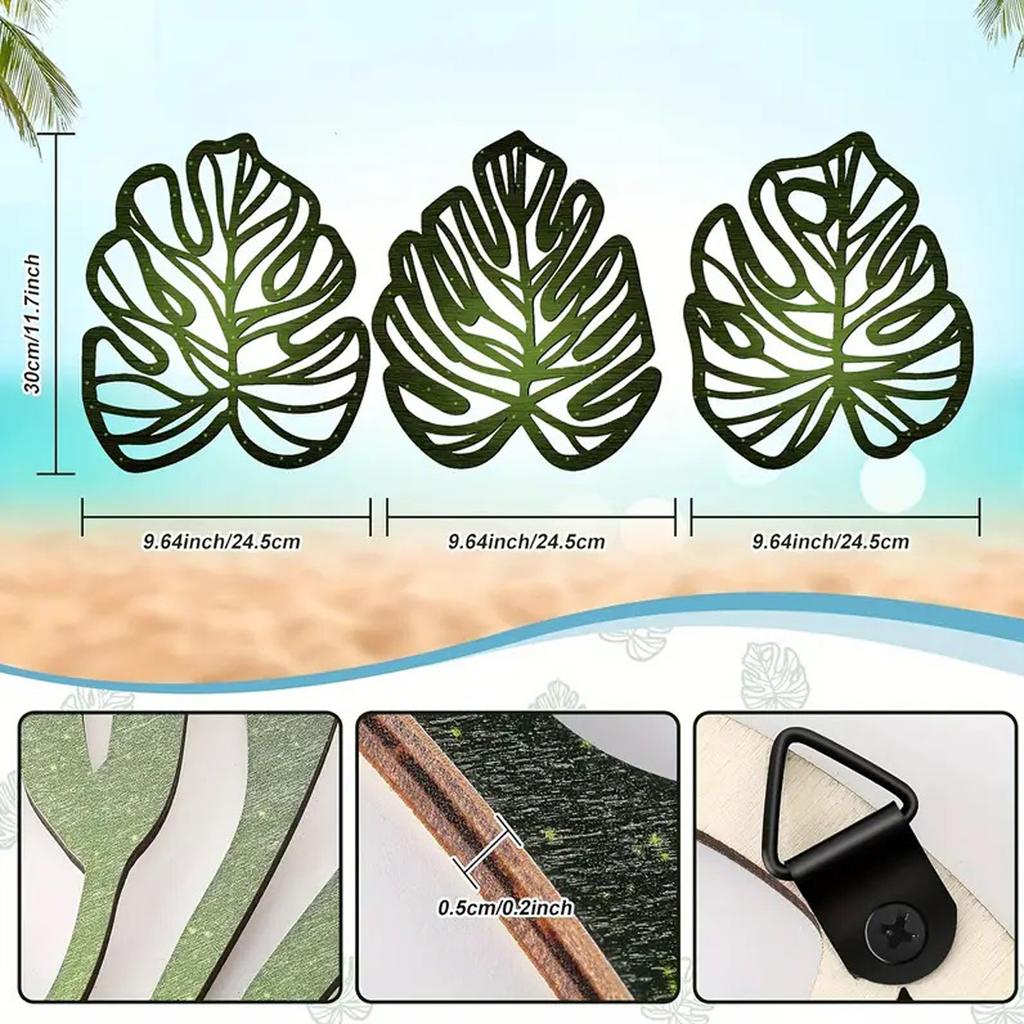 3pcs DIY Wooden Palm Leaves Wall Art Vintage Green Leaf Plant Decor Hanging Accents for Home Bathroom Office