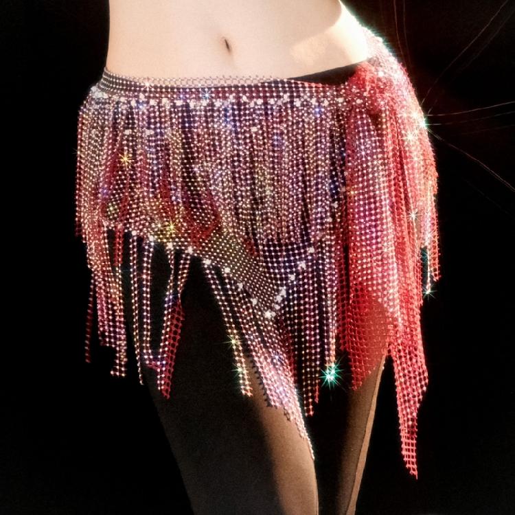 Belly Dance Hip Scarf Long Tassels Belly Dance Waist Chain with Rhinestones Decoration Belly Dance Belt Wrap Skirt