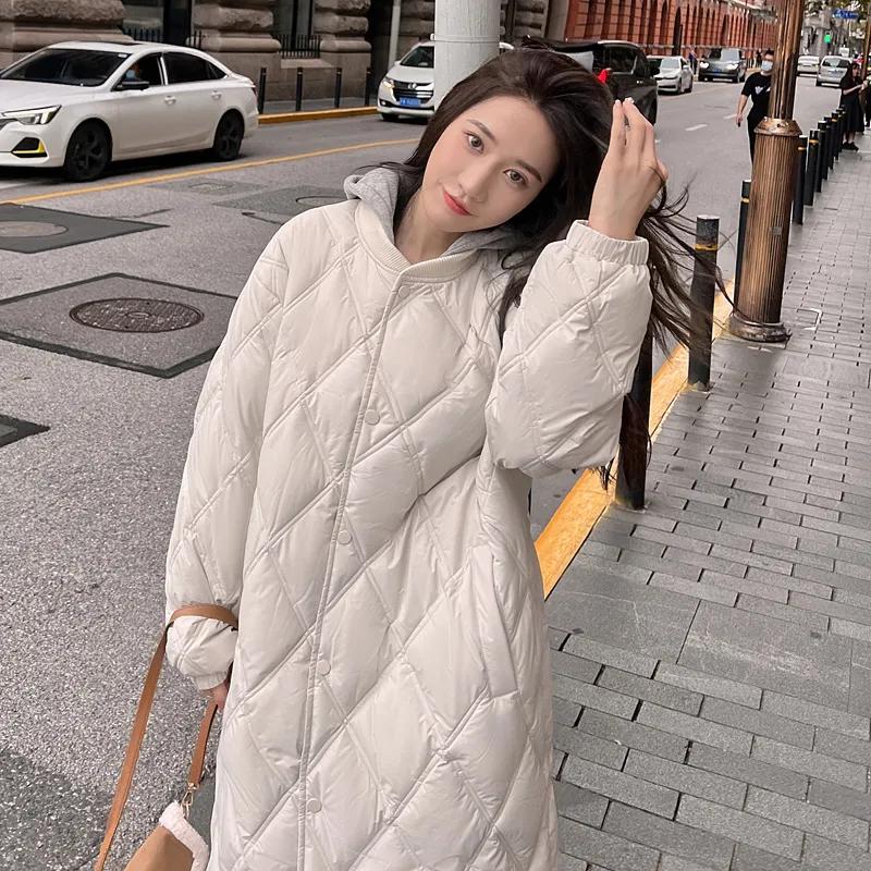 Women's Autumn and Winter Diamond-Patterned Long Lightweight Jacket, British Style Mid-Length Coat, Korean Style Hooded Warm Jacket