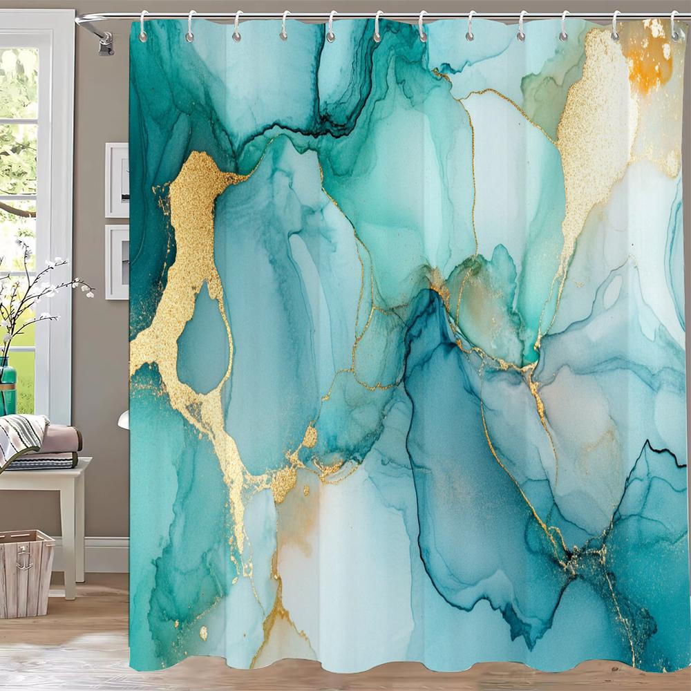 Abstract Marble Pattern Shower Curtain, Geometric Printed Bathroom Decorative Shower Curtain, Fabric Home Curtain with Hooks