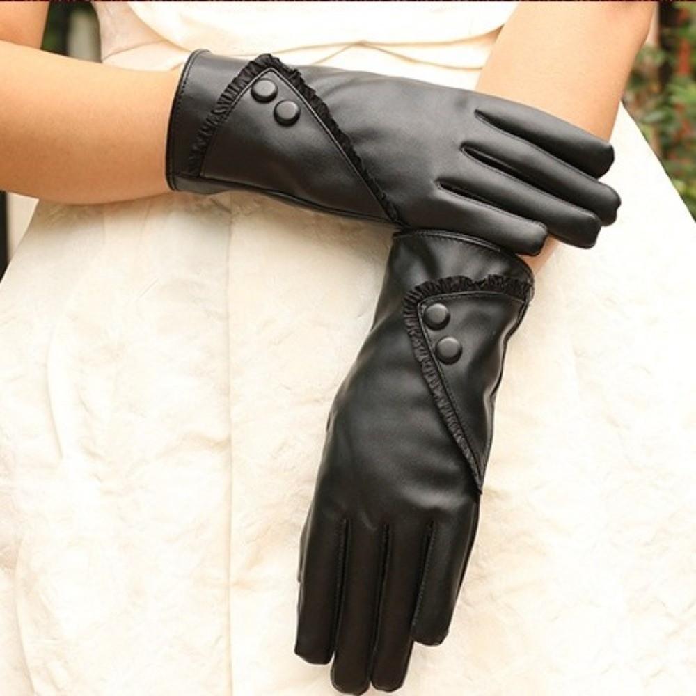 PU Leather Lace-trimmed Gloves Winter Warm Outdoor Cycling Gloves Fashion Touchscreen Gloves