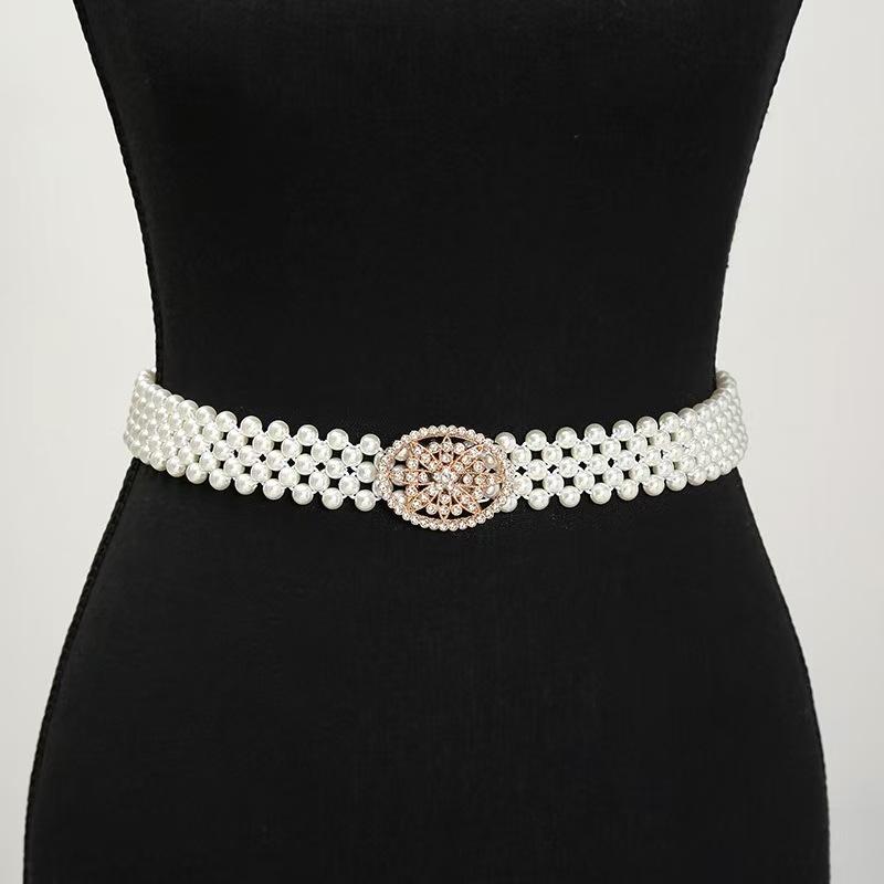Pearl Water Diamond Flower Waist Chain Elastic Dress Decorative Waist Cover Fashionable Versatile Bundle Belt for Women