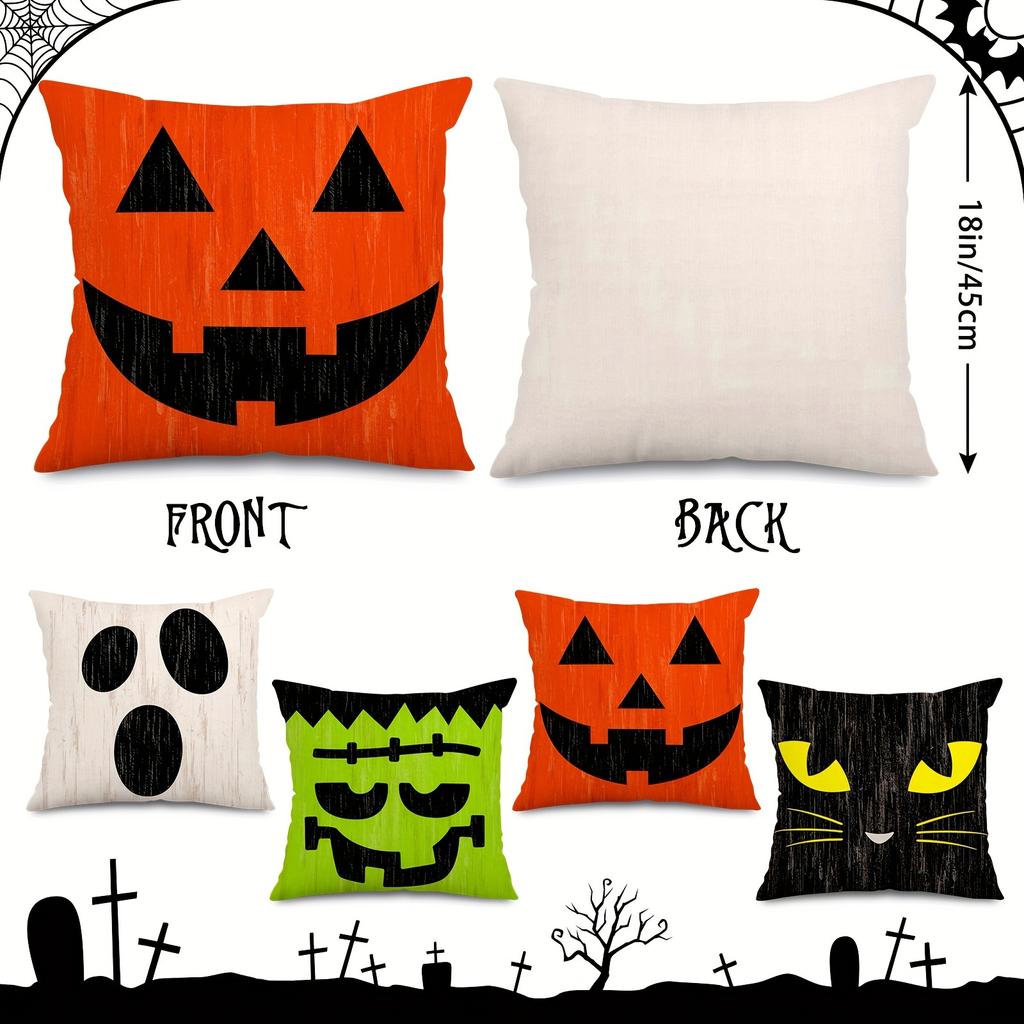 4pcs Halloween Pillow Covers 18*18Inch Linen Blend Throw Pillow Cover Pumpkin Cat Ghost Pattern Cushion Cover for Home Couch